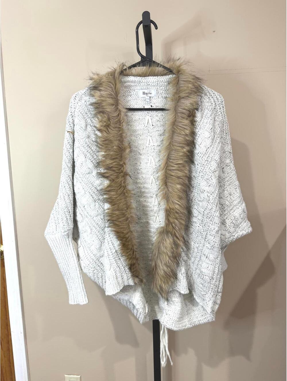 Military Hippie Women's Knit Wrap Sweater with Faux Fur Trim One Size